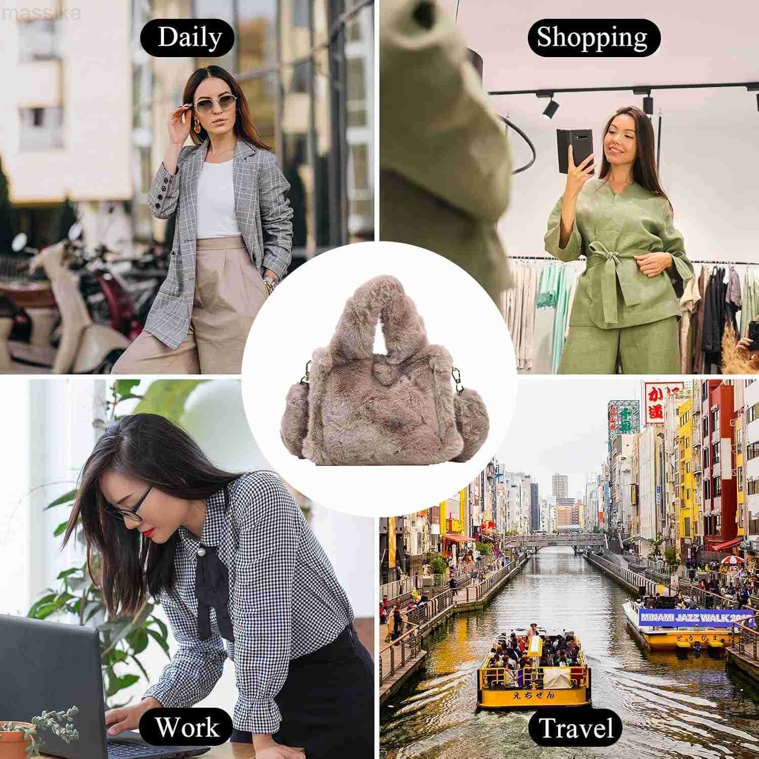 Tote Bag Mini Faux Fur Purses for Women Winter Fuzzy Tote Soft Furry Crossbody Handbag Plush Bags M251017