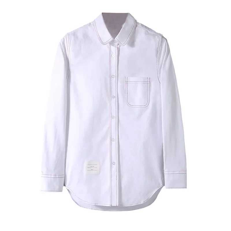 TB JL Womens Casual Oxford Shirt Butterfly Collar Color Block Red Blue Line Luxury Cotton Button up Top Fashionable Womens Clo J251017