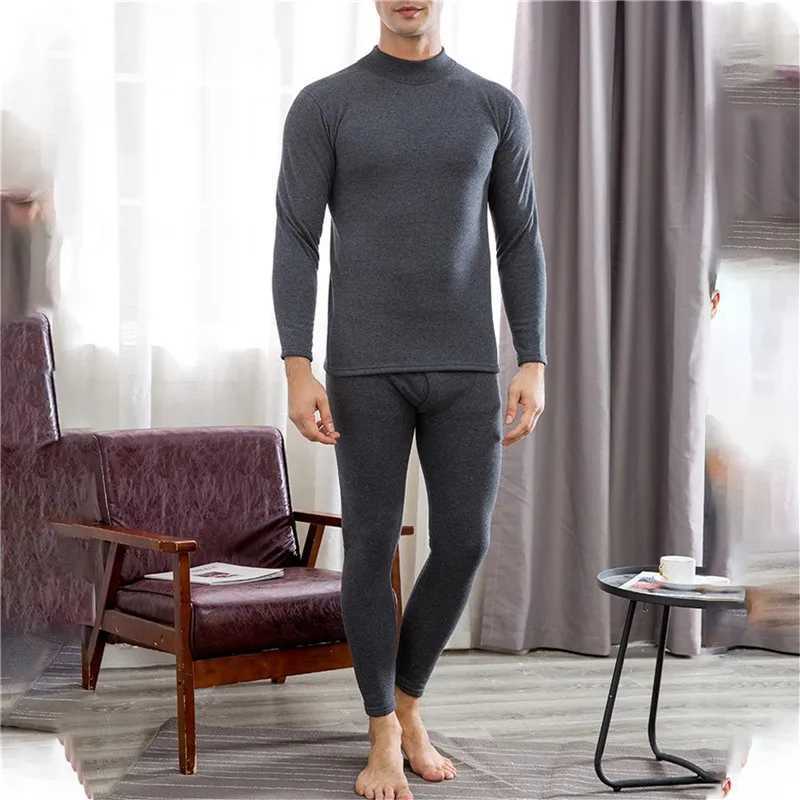 Autumn Winter Men Turtleneck Thermal TopLong Johns 2Pcs Underwear Set High Quality Soft FleeceLined Warm Leisure Home Clothes H251017