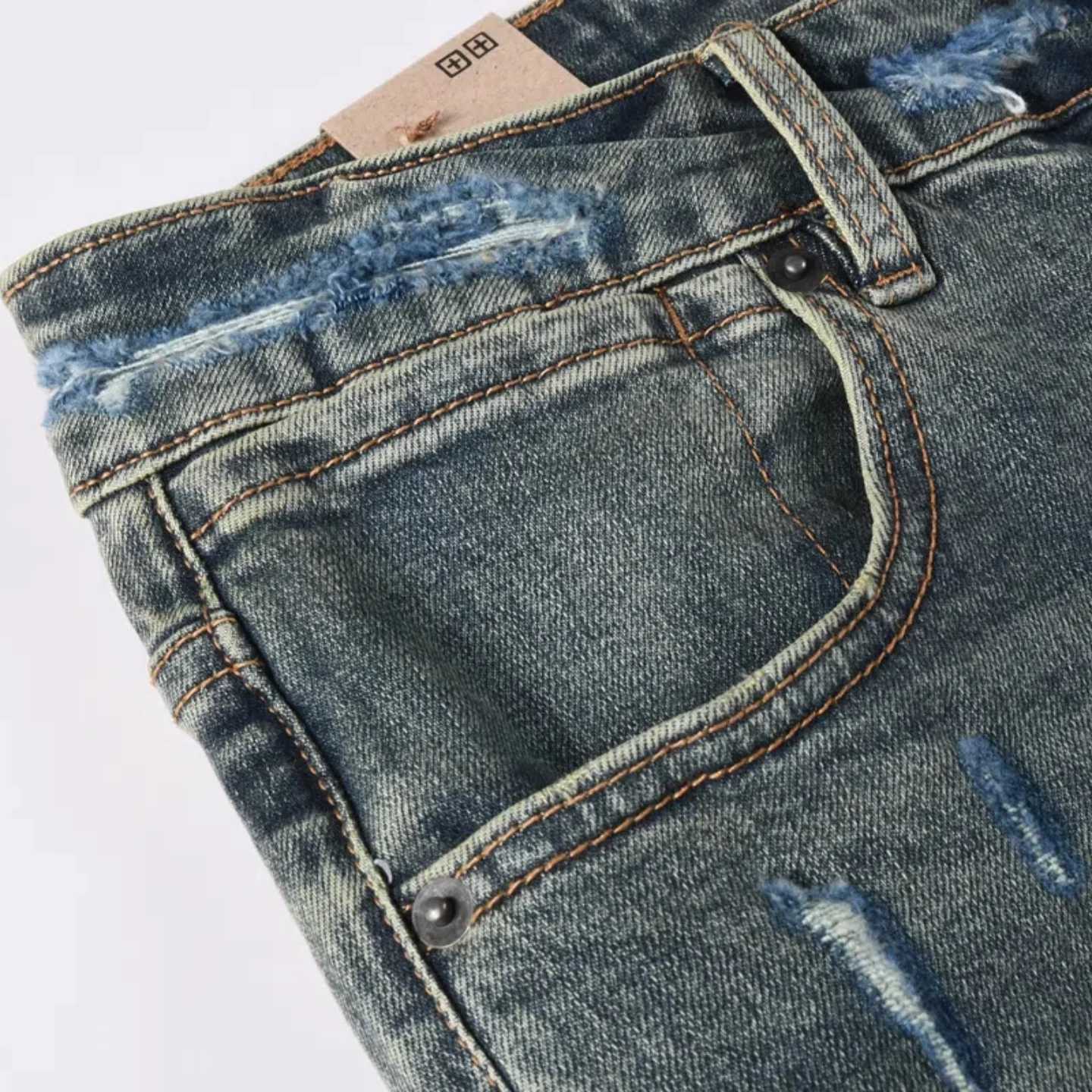 Luxurious jeans with embroidered letters brass buttons exquisite craftsmanship high street slim ripped series1 Y251105
