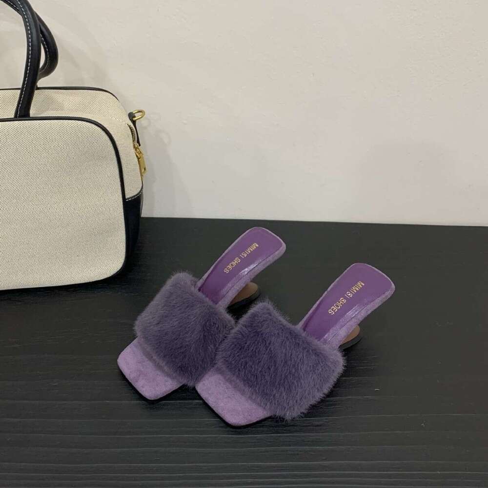 French Style Furry Wedge Designer Shoe - 2025 Autumn New Women's Slippers, Square Open-Toe & Warm for Outdoor Autumn Wear