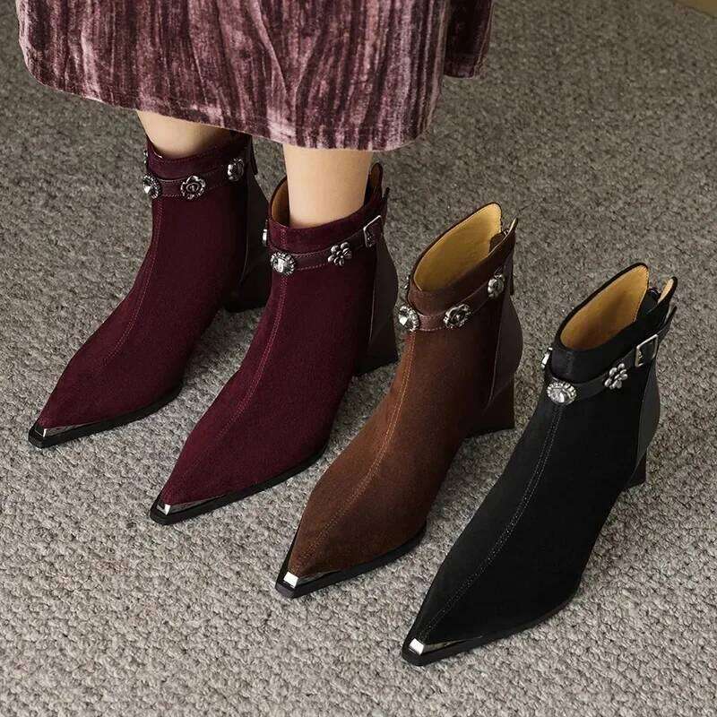 2025 Handmade Brand Genuine Leather New Women Ankle Pointed Toe Solid Mid Heel Shoes Elegant Boots