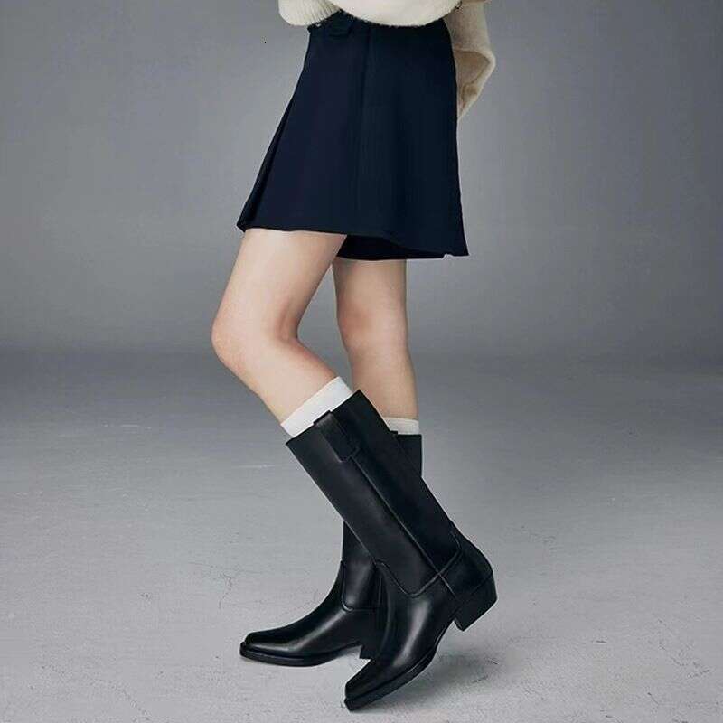 Grape Mom 2023 Autumn/Winter New Style Small Square Headed Heel Thick Sole Mid Boots, Knee Length Knight Boots