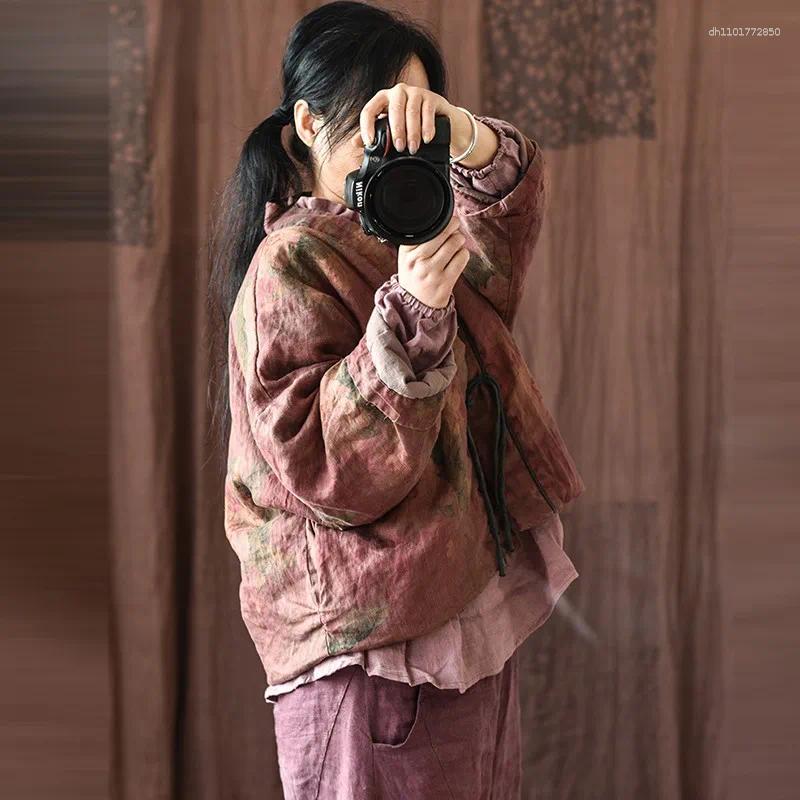 Women's Jackets Women Casual Padded Arrival 2025 Winter Vintage Style Floral Print Loose Female Thick Cotton Linen Coats M187