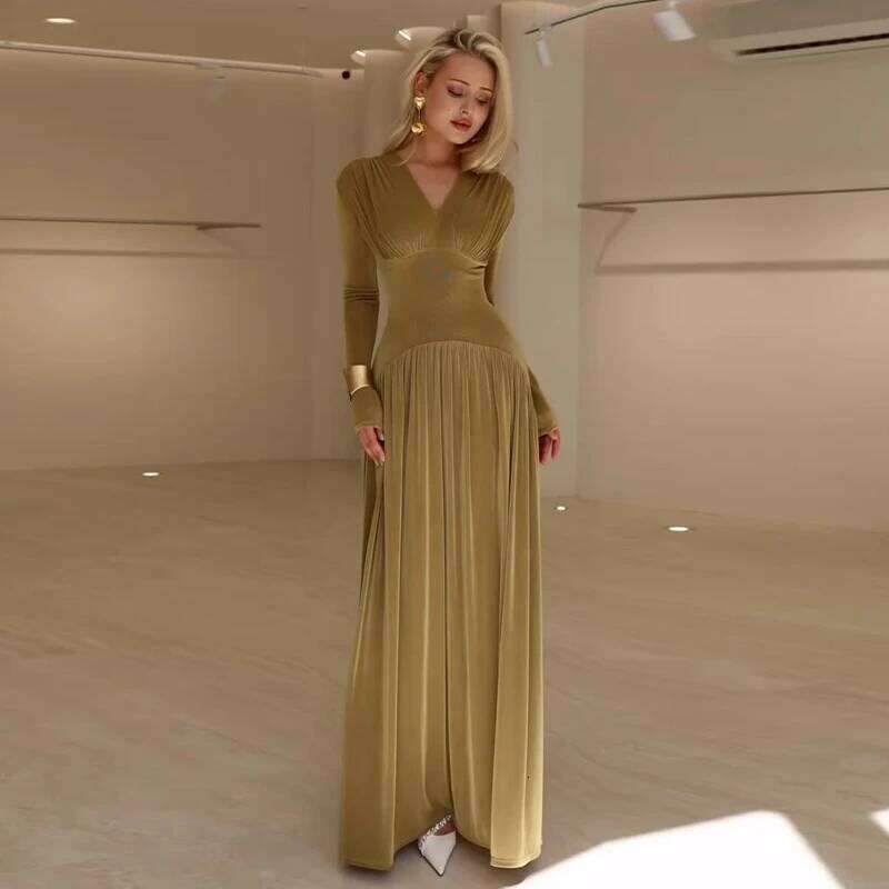 Slimming V Neck Long Sleeve Pleated Patchwork Dress Elegant Bodycon Party Dresses For Women Evening Wear tail Clothing