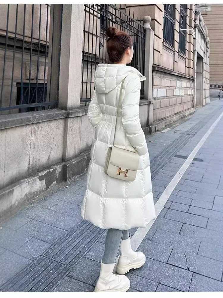 Womens Slim Waisted Hooded Puffer Jacket White Duck Down Medium Length Thick Warm Fashion Winter New 2024 W251016