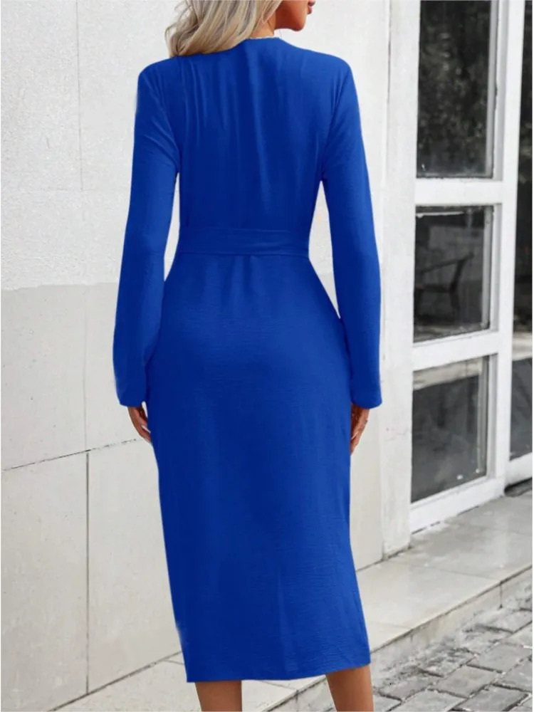 Fashion Slim Midi Dress Women Casual Solid Turndown Collar Laceup Long Sleeve Pencil Shirt Dresses Elegant 251017