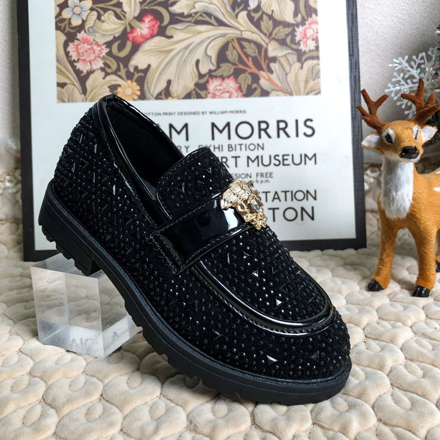 Kids Loafers Shoes Designer for Girl Boy Toddler Black Rhinestones Loafers Dress Shoes Size US5.5C-US6Y K01089
