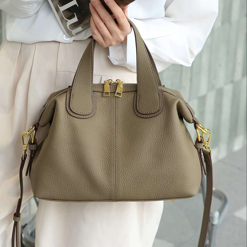 Wo's Genuine Leather - French Cow Full Grain/Black With Gold Hardware, Korean Style Elegant Shoulder Bag, Wrist Strap Zipper Closure, Suitable Fo