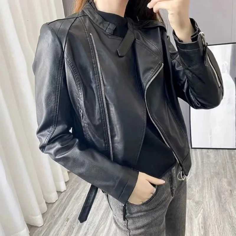 Retro Women Motorcycle Leather Jackets Streetwear Chic PU Leather Coats Cropped Jacket Y2k Standup Collar Zip Long Sleeve TopsT251017