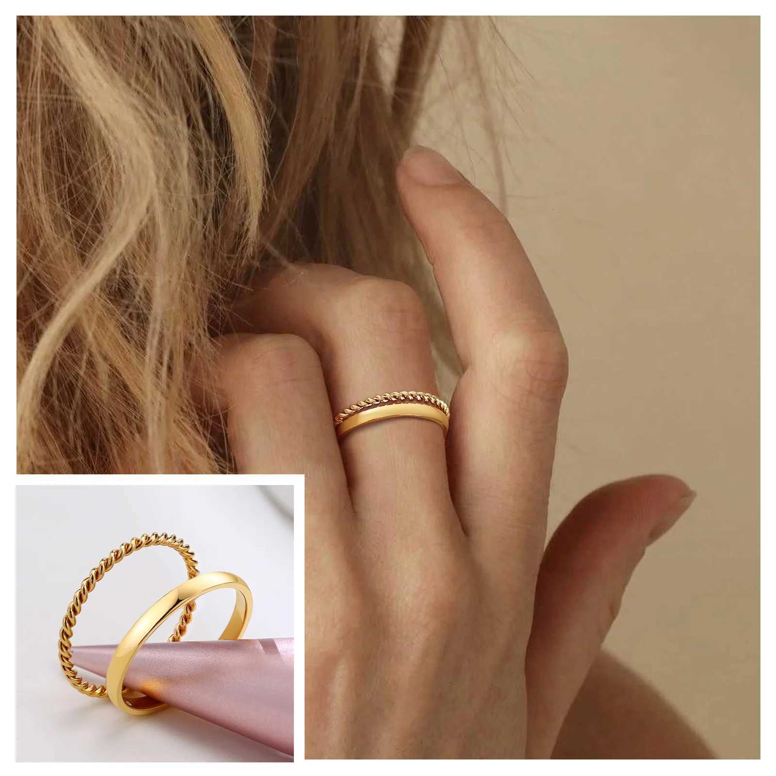Set of 2 Stacking Ring for WomenStainless Steel 2mm Thin Gold Color Dome Shap Minimalist JewelryW251017