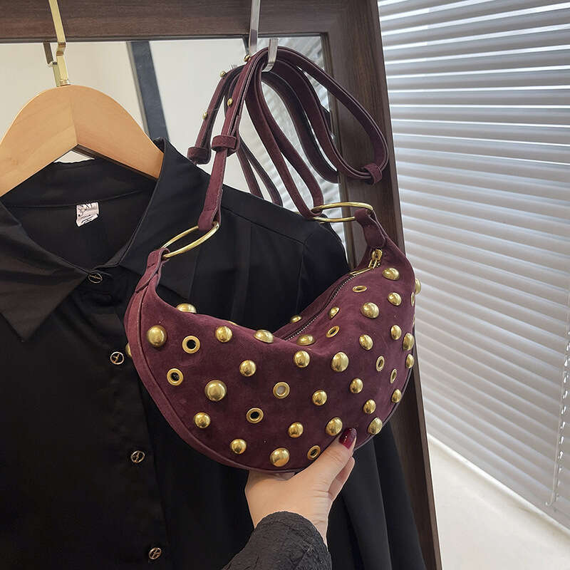 Fashion Womens Casual Bag Studded Heavy-duty Polka Dot Hollow Shoulder Bag Punk Style Crossbody Bag Metallic Crescent Women's Bag