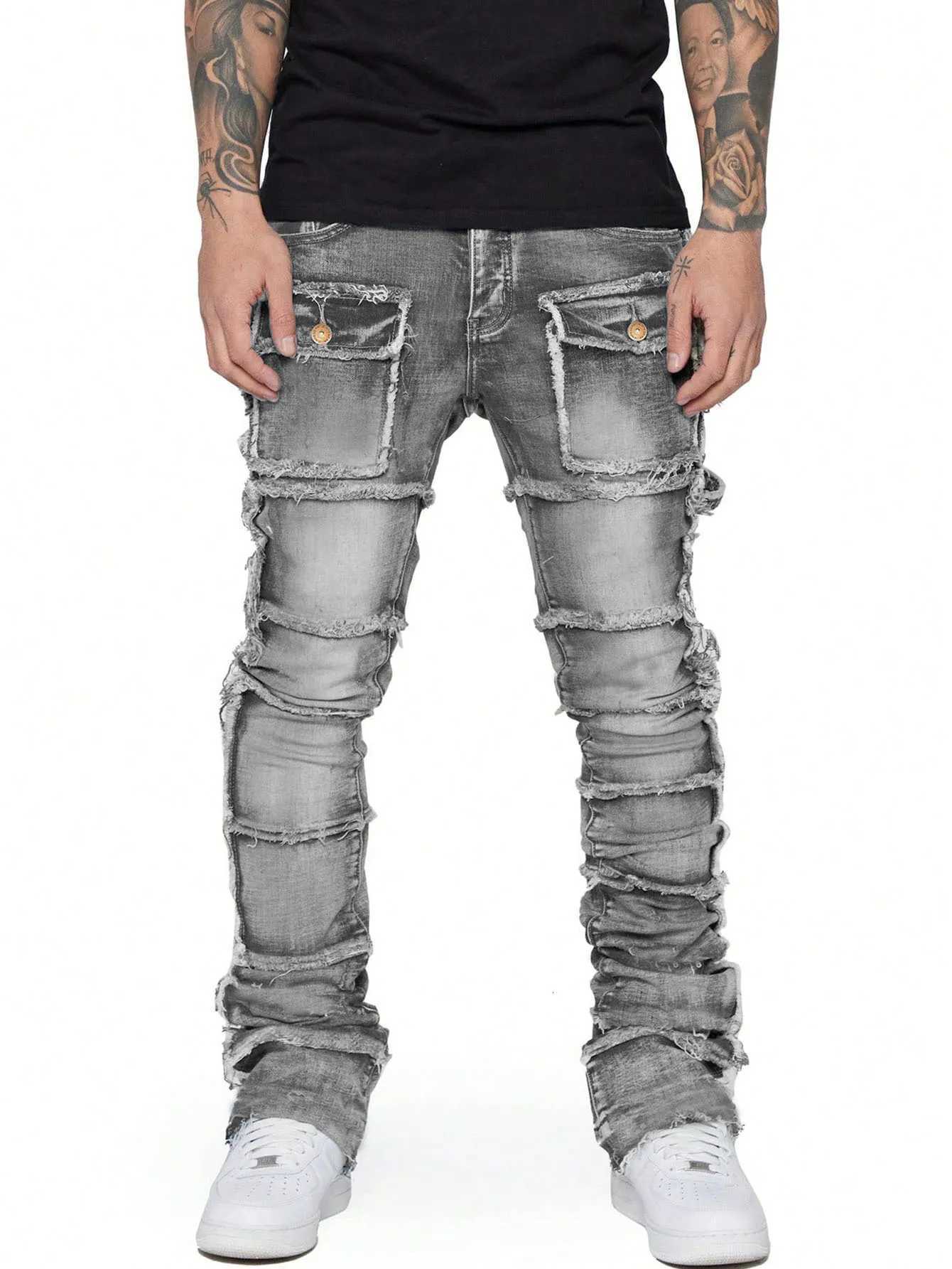 2025 Trendy Men Jeans European 1 Fashionable Workwear with Patch Elastic Laminated and Slightly Flared Men Denim Pants1 Y251105