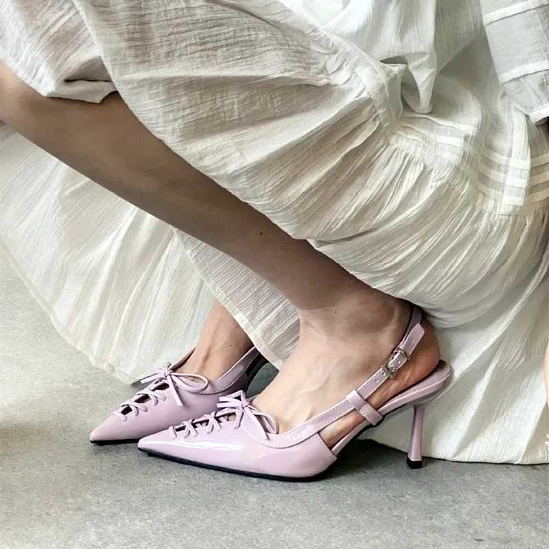 New Pointed Toe Patent Leather Strappy Design Women Pumps Elegant Thin High Heels Summer Fashion Hollow Slingback Heeled Sandals Z251015