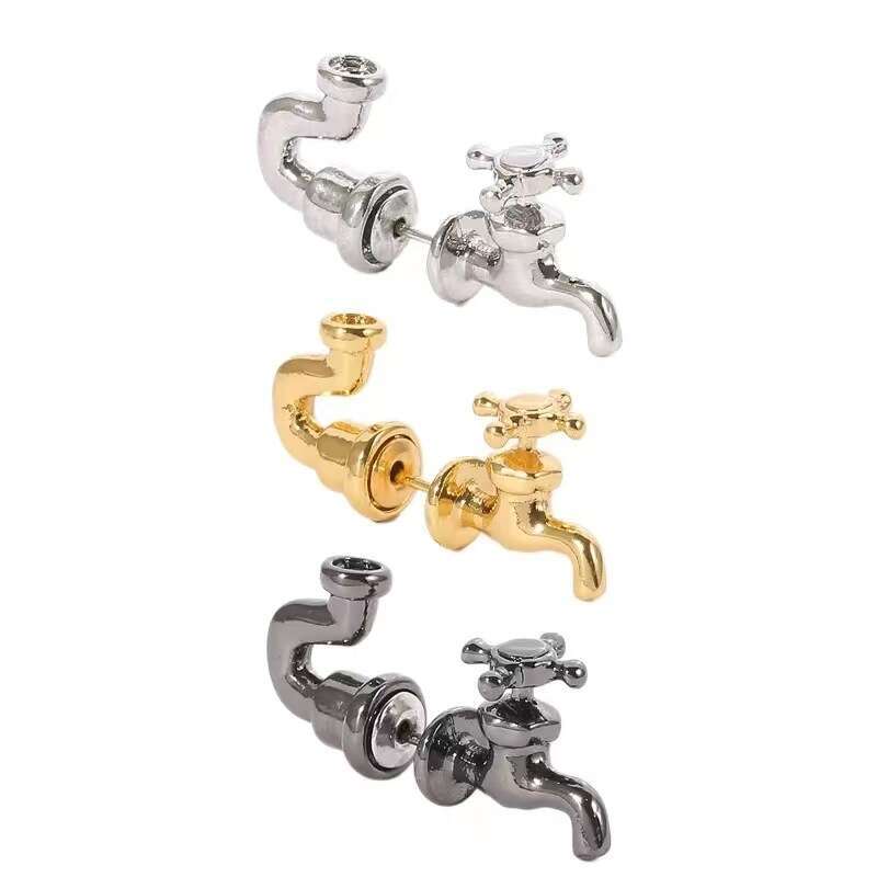 Novelty Faucet Shaped Stud Earrings New Fashion Exaggerated Three-Color Faucet Personality Creative Detachable Stud Earrings