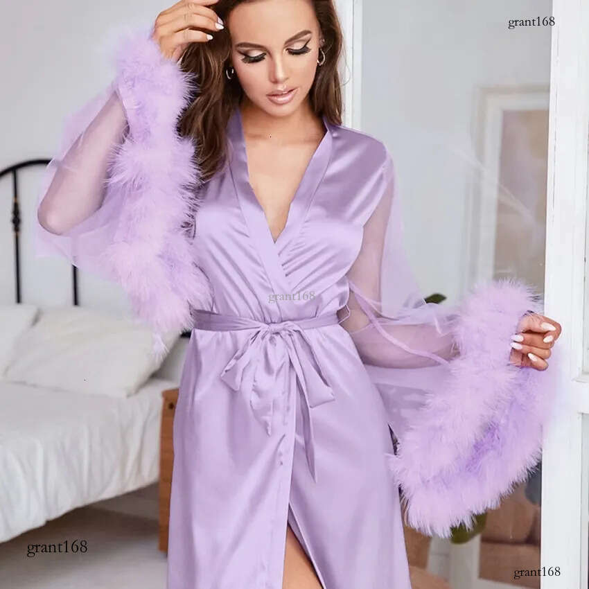 Women's Robe Lace Sleeve Robe Women Satin Feather Patchwork Bathrobe Kimono Gown Long Summer Nightgown Sleepdress Loose Bride Loungewear 230518