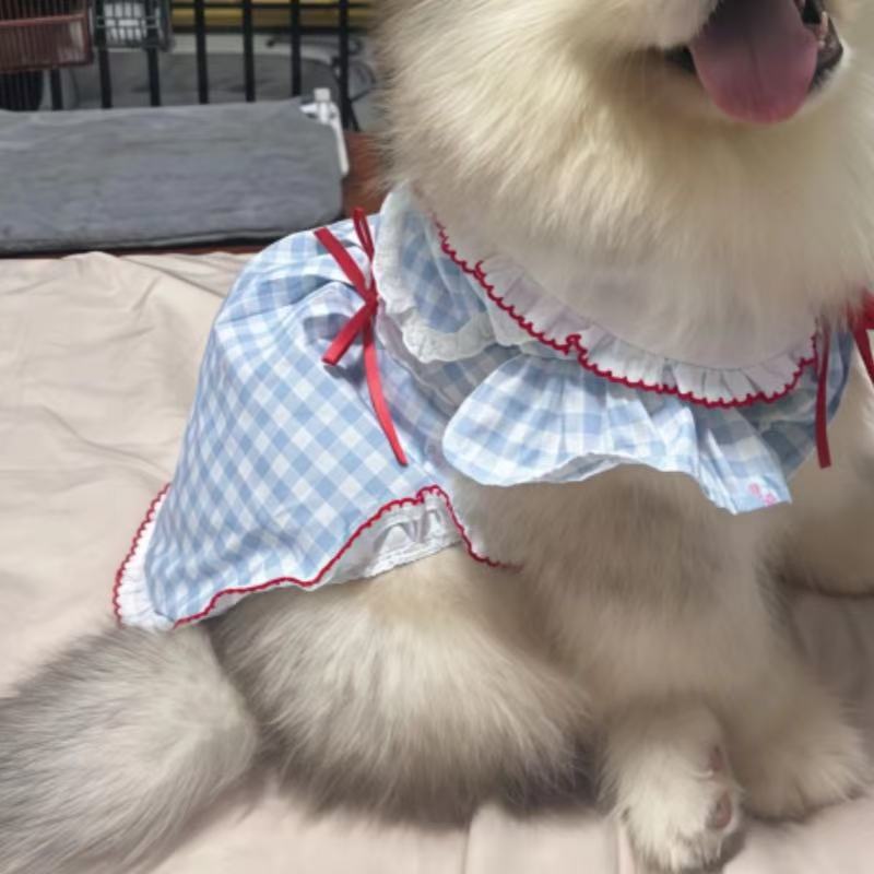 T1672 Dog Clothes for Small and Medium Dogs Retro Plaid Bowknot Navy Collar Shirt Anti-shedding Dress Cat Vest
