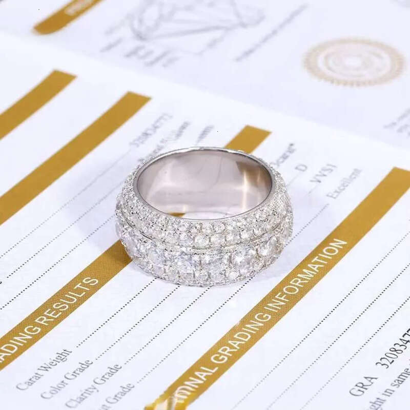 VVS 5-Row Silica Dia Iced Solid Sier Hip Hop Ring Passes Gra Certificate Test