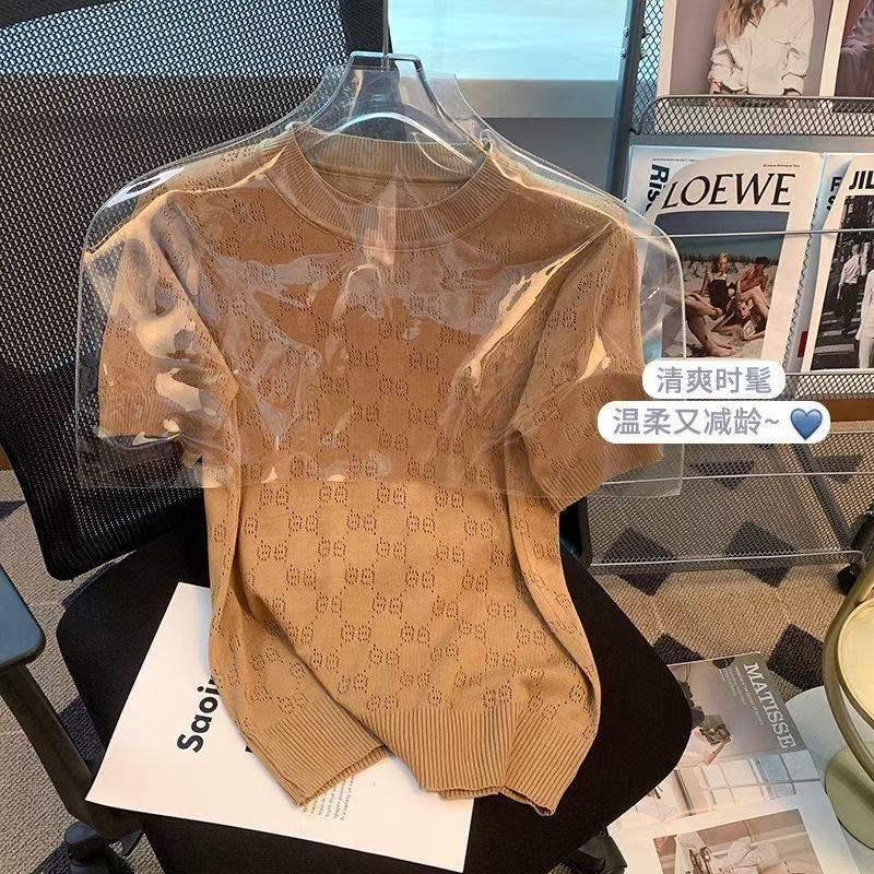 Summer thin hollowed-out short-sleeved T-shirt, ice silk knitted sweater, 200-pound loose top, trendy