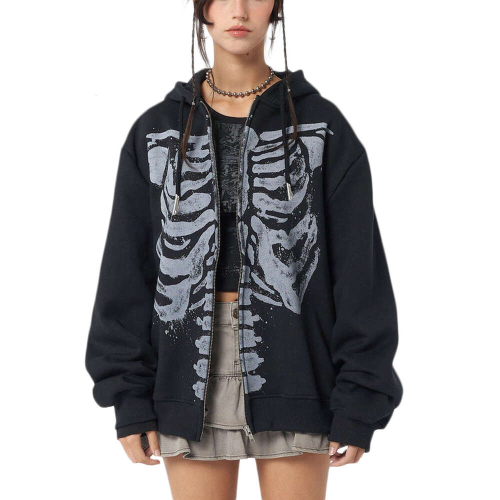 Women's Spring Autumn Hooded Coat Black Fashion Long Sleeve Skull Print Zipper Women's Hoodie