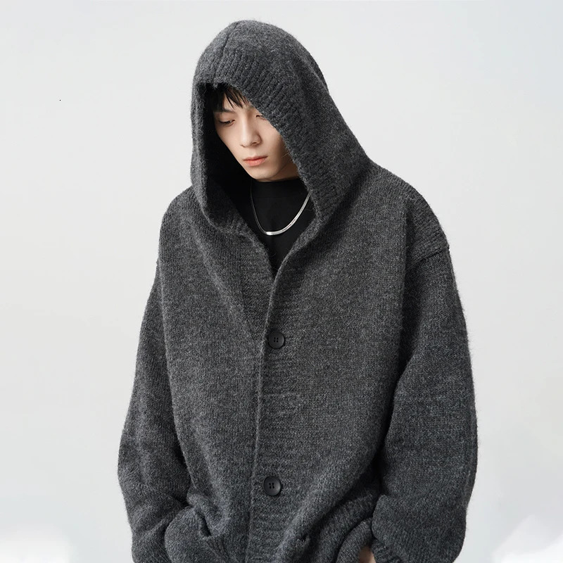Winter Gray Woollen Knitted Cardigan Hooded Sweater Mens Pockets College Fashion Knitwear Jacket Y2K Vintage Jumpers Hombre 251017