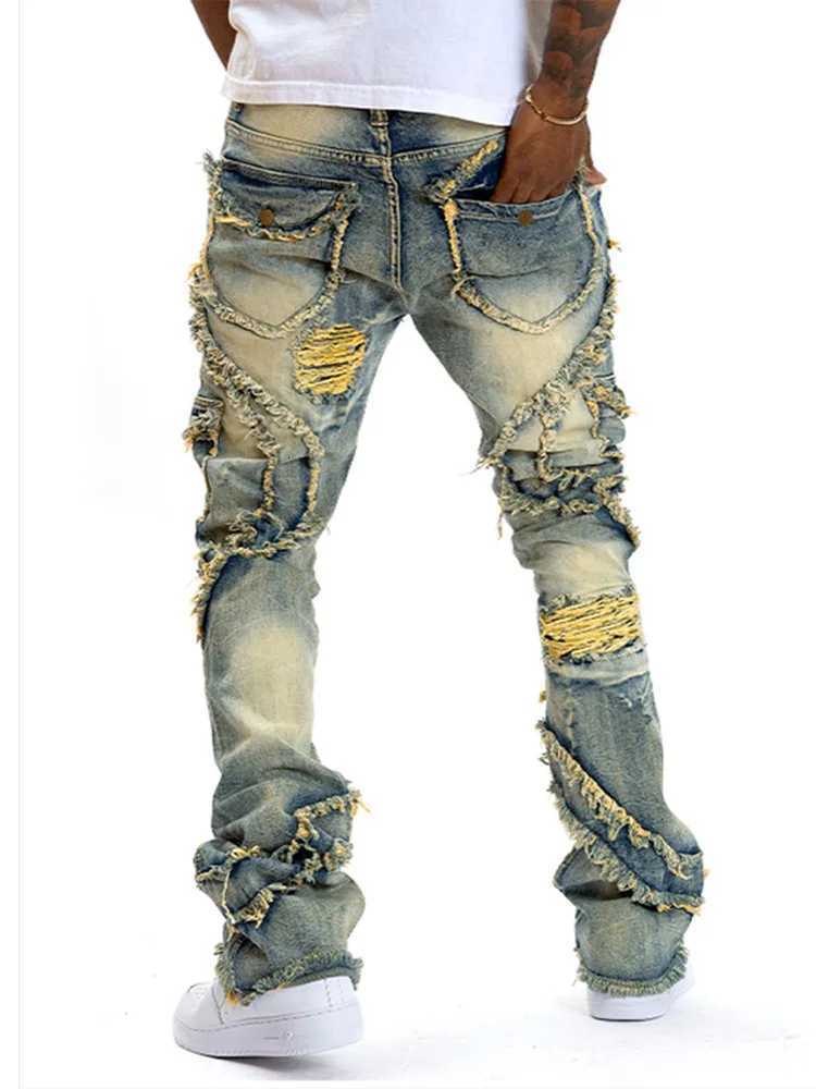 Fashion Ripped Patchwork Mens Jeans Zipper High Waist Slim Pencil Denim Pants 2025 Autumn Male Streetwear1 Y251105