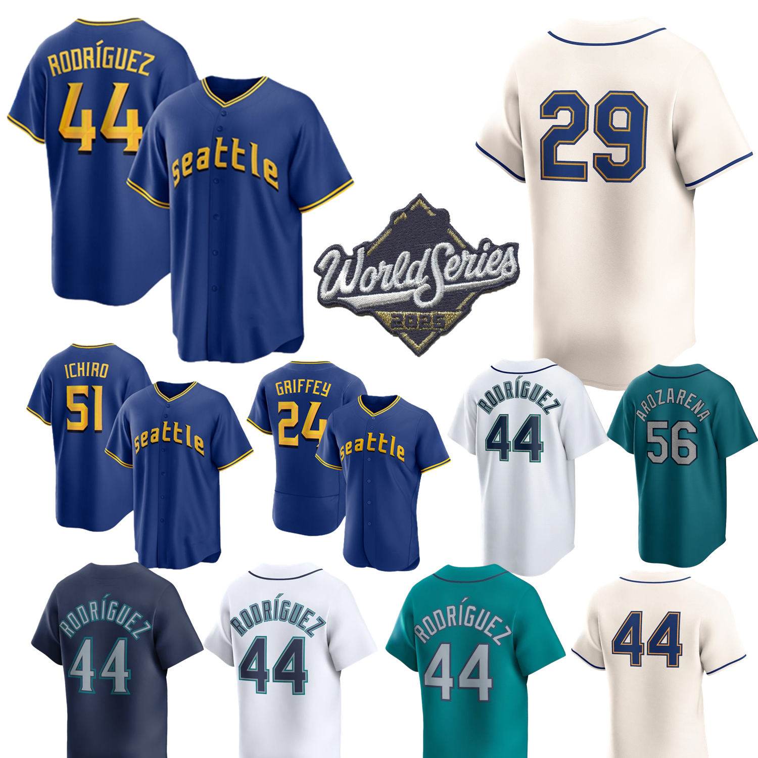 2025 World Series WS Julio Rodriguez Jersey Cal Raleigh Ken Griffey Ichiro Suzuki Andres Munoz Arozarena Gilbert Castillo Miller Santos Polanco Custom Youth