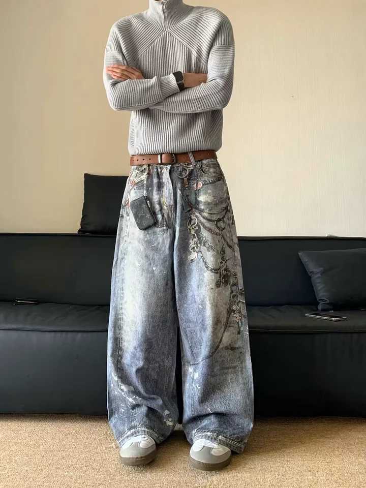 American Retro 3D Printed Chain Straight Leg Jeans Mens Design Sensation INS Long Trousers Trendy mid Waist Jeans J251016