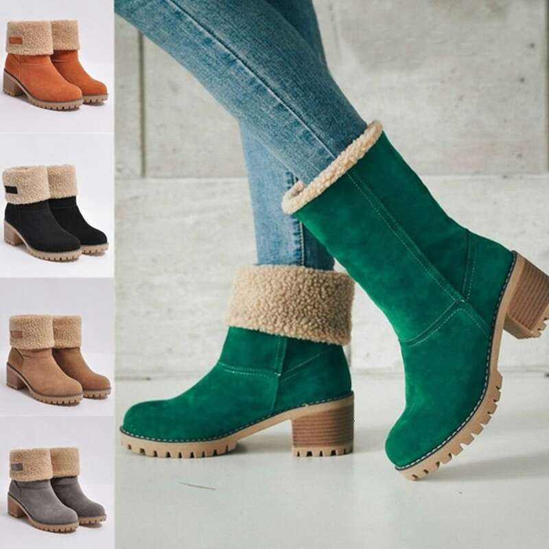 Women's Mid-Length Thick Heel Fur Snow Boots And Cotton Shoes