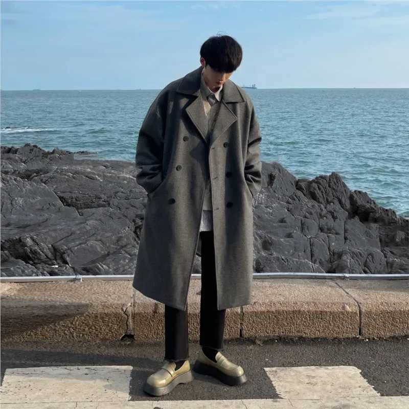 Long Dust Coat Men Winter Koreanstyle Trench Mens Solid Double Breasted Woolen Cloth Coat Loose Casual Trenchcoat Outwear J251017