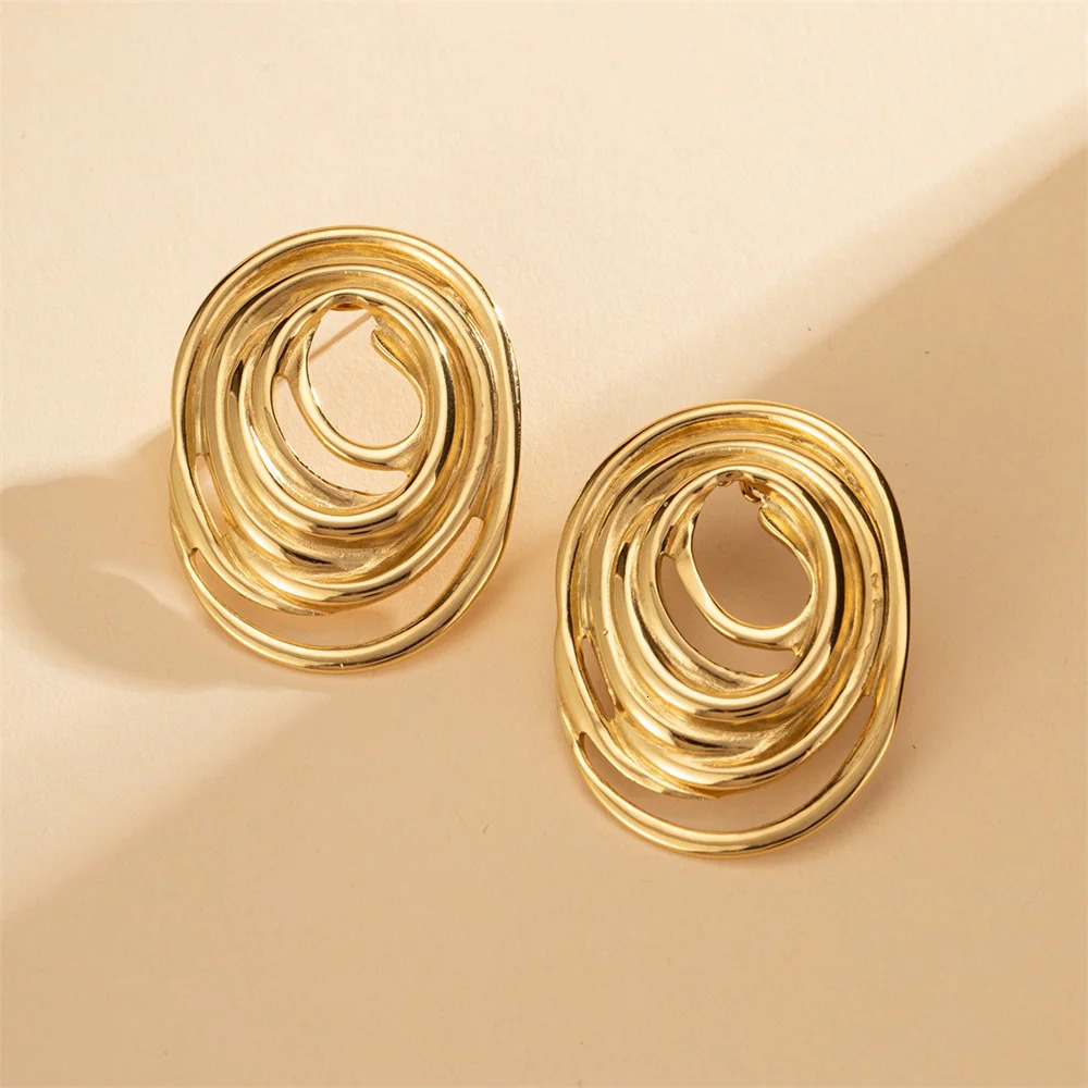 Stainless Steel Oval Line Stud Earrings Exaggerated Gold Color Party Earrings Women Simple Jewelry Accessories 251016