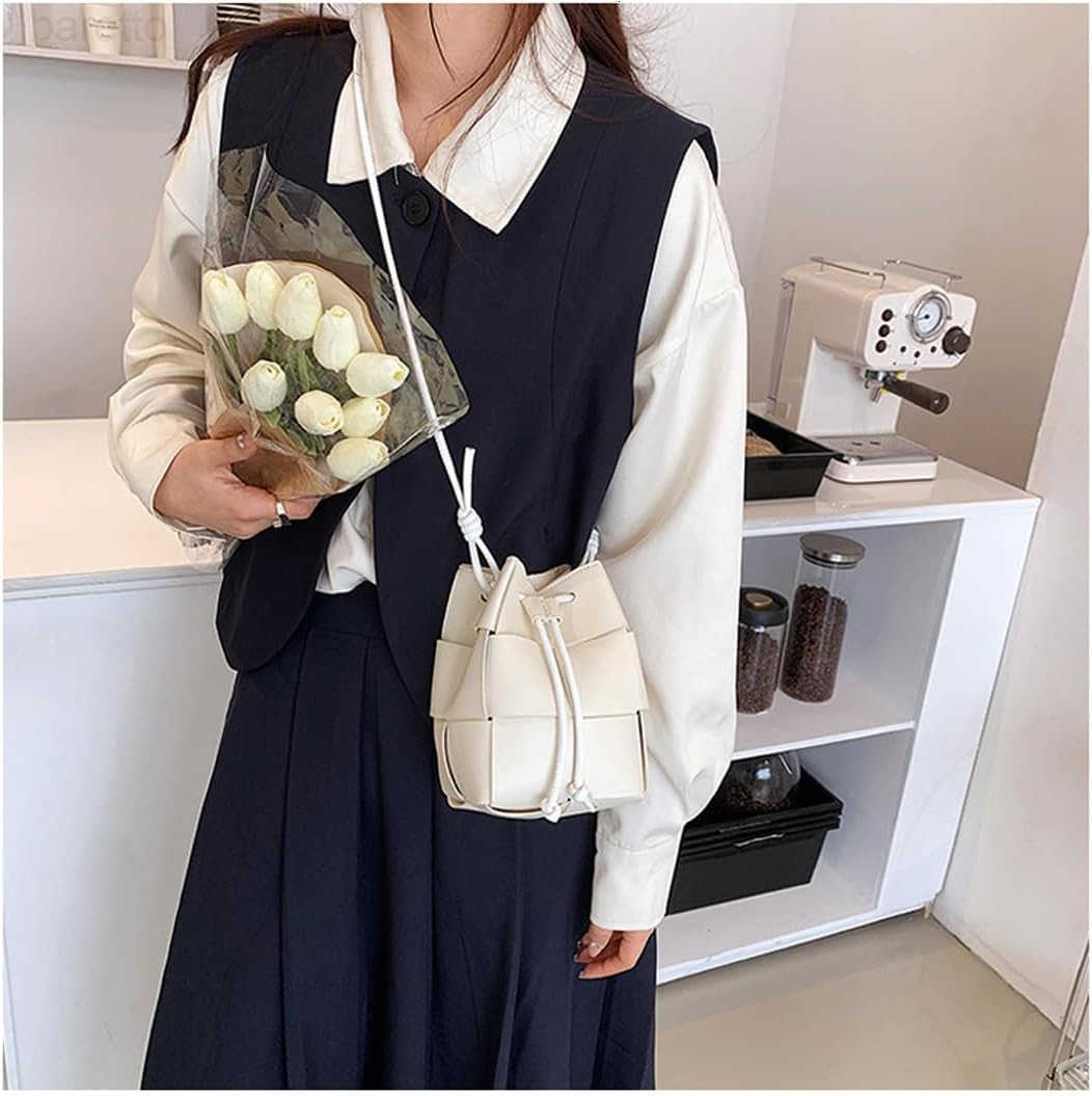 Mini Woven Bucket Bag for Women PU Leather Small Hobo Handbag Square Lattice Drawstring Crossbody Handbags Soft Z251017