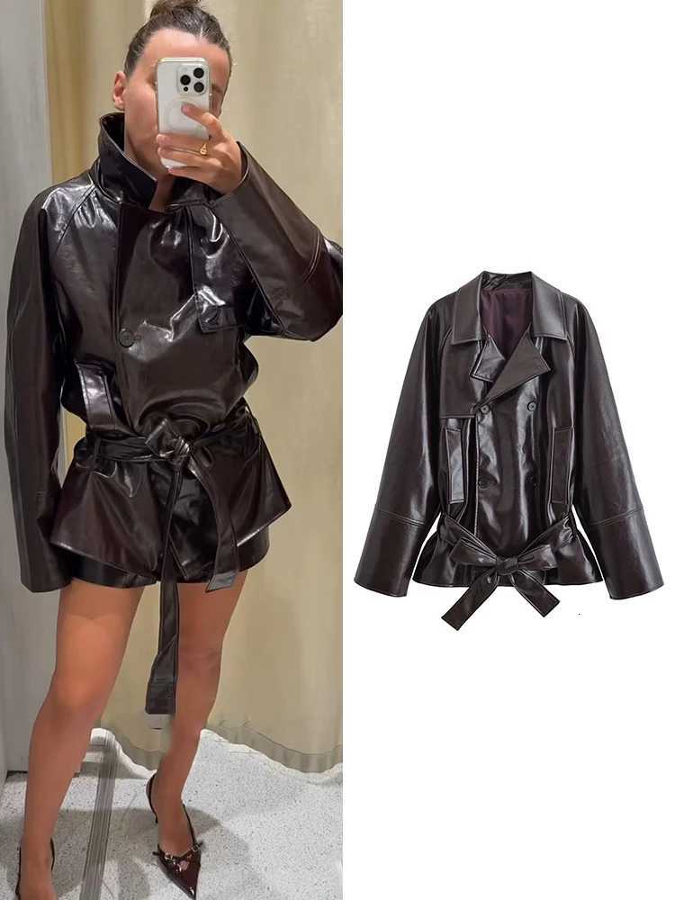 Fashion Womens Faux Leather Jacket Turndown Collar Double Breasted Belt Coats 2025 Autumn New Ladies Casual Street OutwearT251017