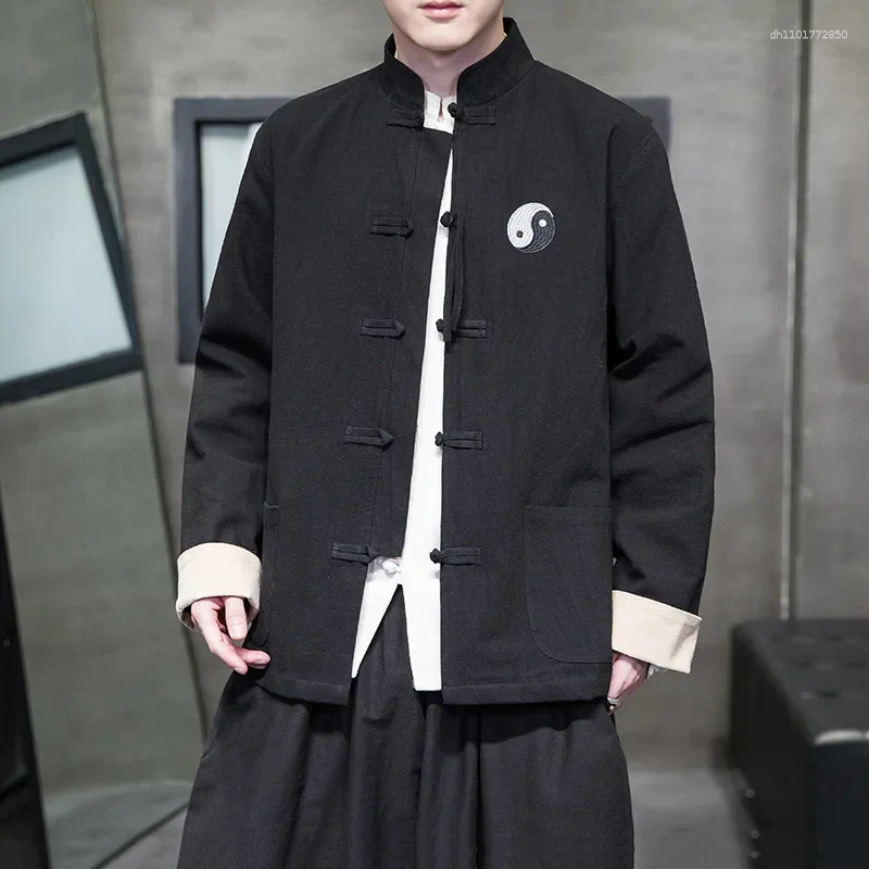 Men's Jackets Chinese Style Jacket Stand Collar Button Up Retro Tang Costume Hanfu Loose Fit Regular Length Outerwear Coat