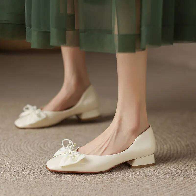 Black Kawaii Ladies Summer Footwear Square Toe Cute Low Heel Elegant with Bow Shoes for Women 2025 Red Y2k on Offer Chic Point