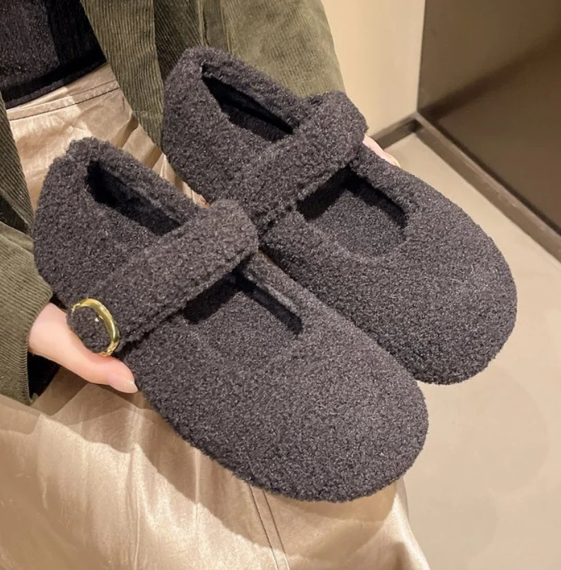 Fashion Round Toe Ballet Flats Boots for Woman Keep Warm Plush Loafers Ladies Fluffy Mary Jane Shoes Botas Mujer 251013