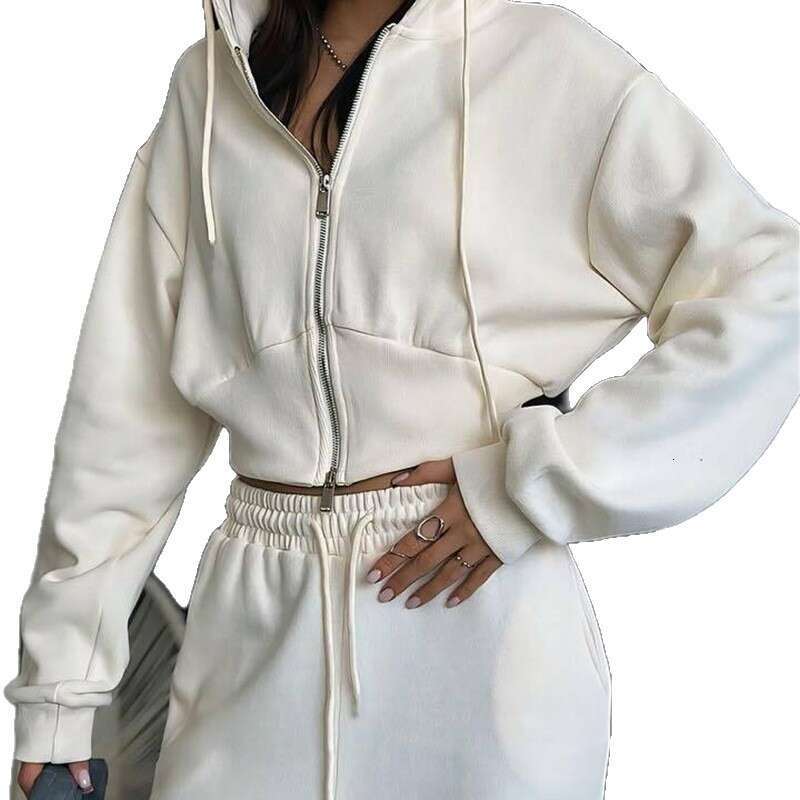 Autumn New Casual Women's Long Sleeve Zipper Hooded Sweatshirt Solid Color Drawstring Pants Two-Piece Set B5