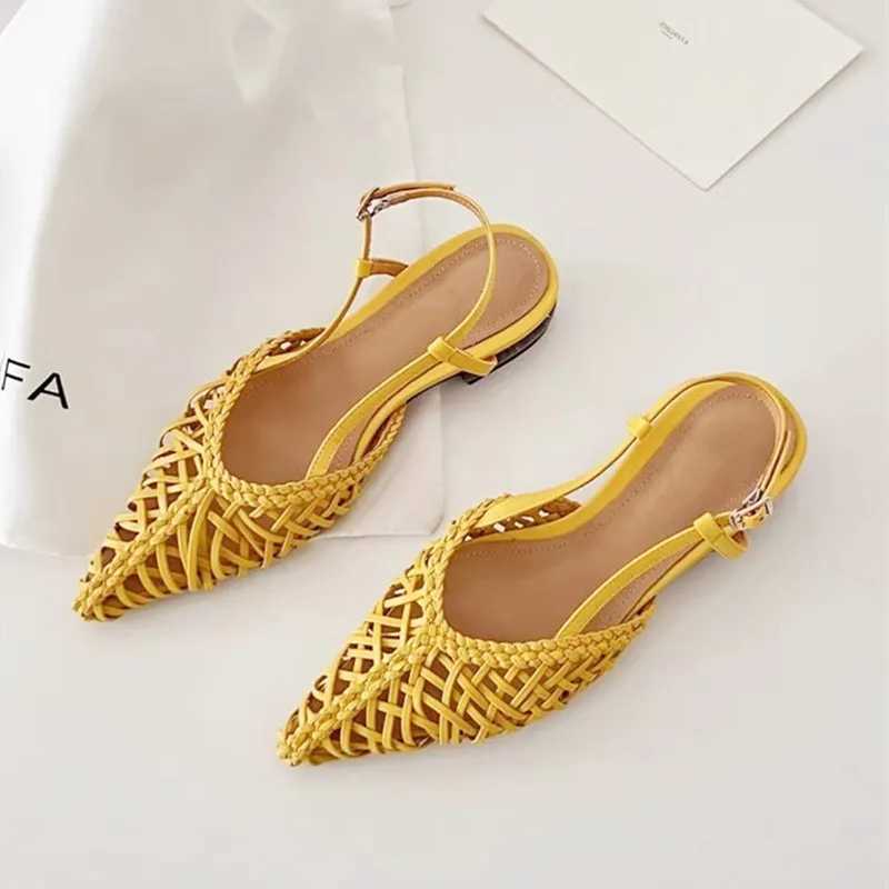 Elegant Green Openwork Woven Women Pumps Sexy Pointed Toe Square Heel Flat Sandals for Women Summer Fashion Comfort Beach Shoes Z251015