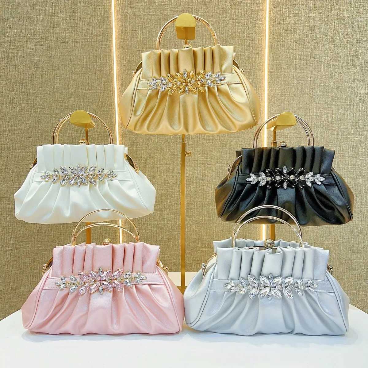 Leather Pleated Clutch Womens Handbag Crystal Rhinestone Silk Tote Top Handle Diamond Wedding Party Shoulder Purse Elegant Bag Z251017