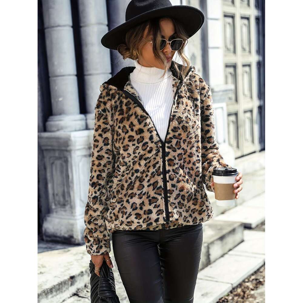 Versatile Long Sleeve Leopard Pattern Zipper Hooded Teddy Coat For Fall & Winter, Women's Clothing