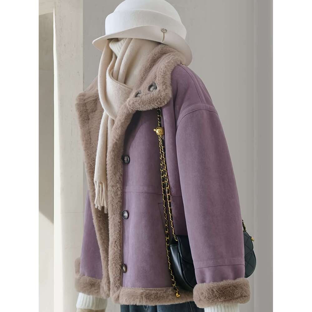 Shein Men's Jackets 2025 Autumn Winter New Korean Style Lazy Purple Coat For Women Thickened Fleece Top