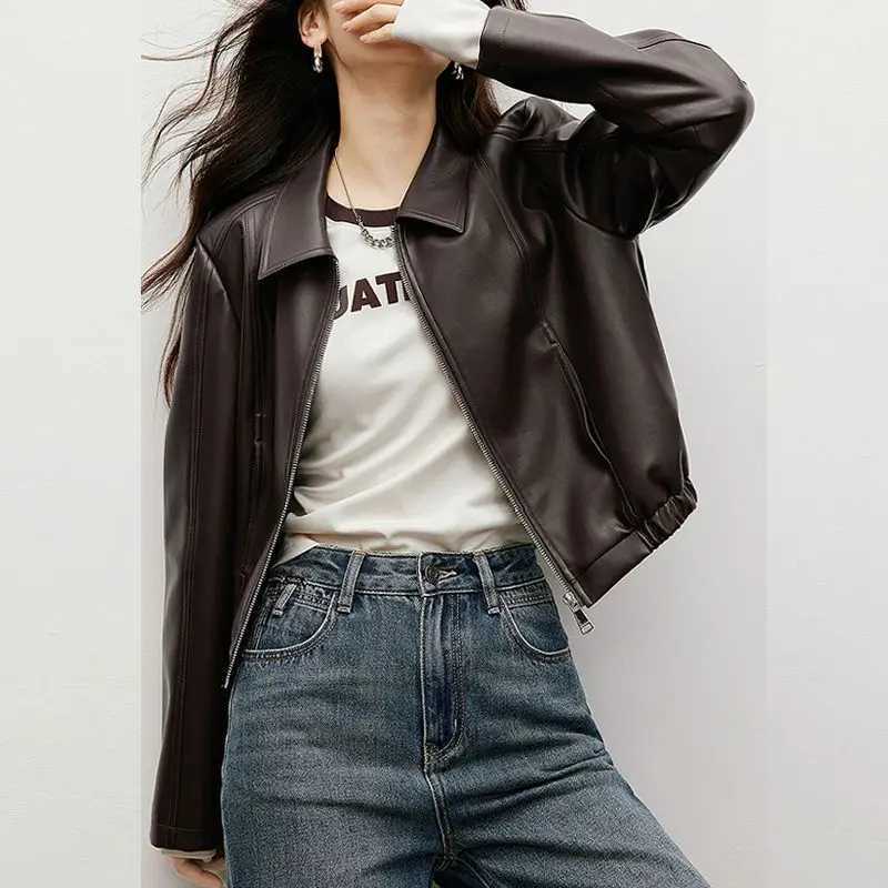 Textured PU Leather Jacket Short Cropped Motorcycle Style 2025 Spring Fall Sweet Cool Y2K Fashion Casual Streetwear CoatT251017