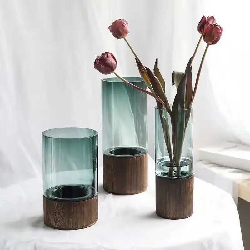 Vases Simple European Hydroponic Plant Household Living Room Table Inserted Flower Wood Base Transparent Glass Vase Home Decor C251017
