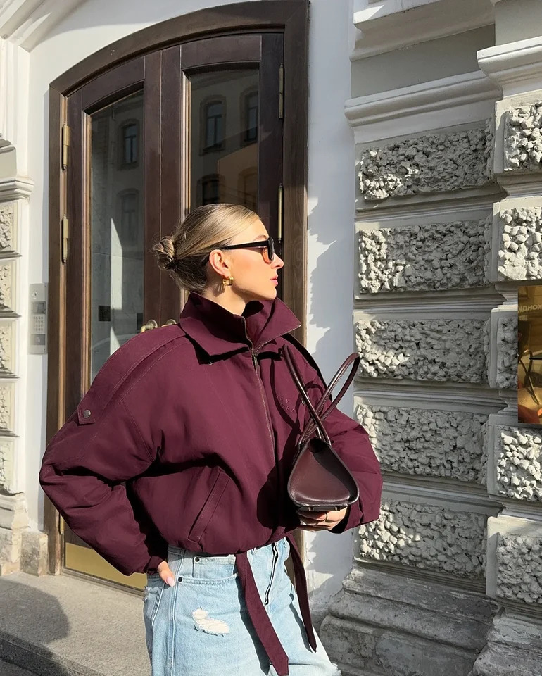 Fashion Wine Red Zipper Loose Overcoat Women Chic High Collar Long Sleeve Lace Up Elastic Waist Jacket Female Commute Daily Coat 251017