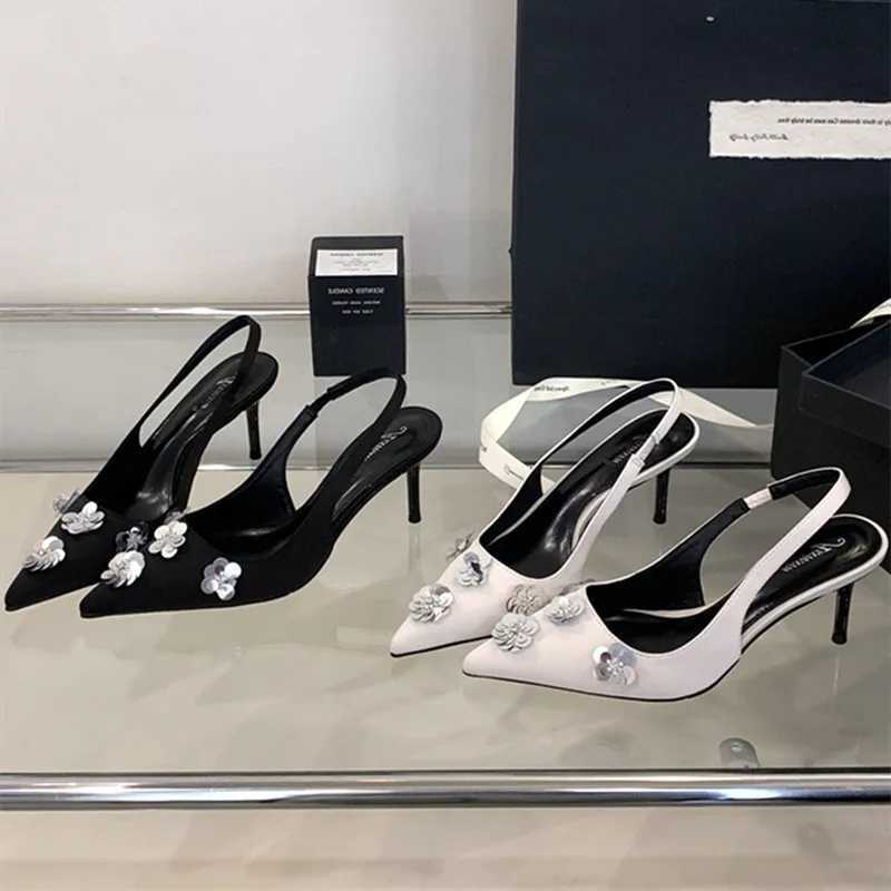 Summer Bling Applique Design Thin High Heels Women Sexy Pointed Toe Satin Back Strap Heeled Sandals Elegant Banquet Dress Shoes Z251015