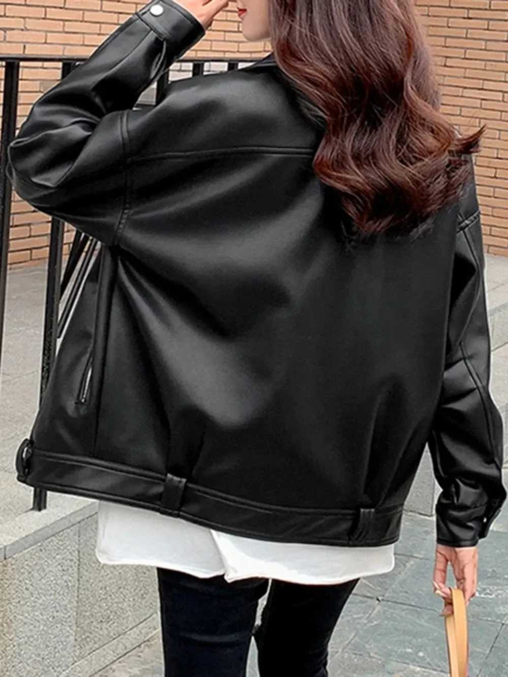 PU Loose Motorcycle Jackets Female Faux Leather Jacket Women Casual Streetwear Oversized Coat Korean Chic New SpringT251017