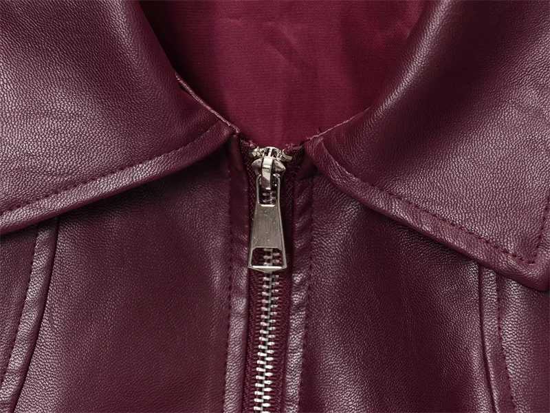 Womens Jacket 2025 New American Retro Simple Lapel Burgundy Faux Leather Jacket Street Fashion Womens JacketT251017