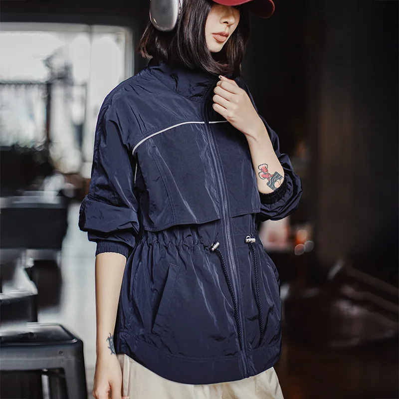 Maden Womens Lightweight Stand Collar Short Windbreaker Jacket Navy Blue Contrast Parka with Waist Cinching for Spring and Fall 251013