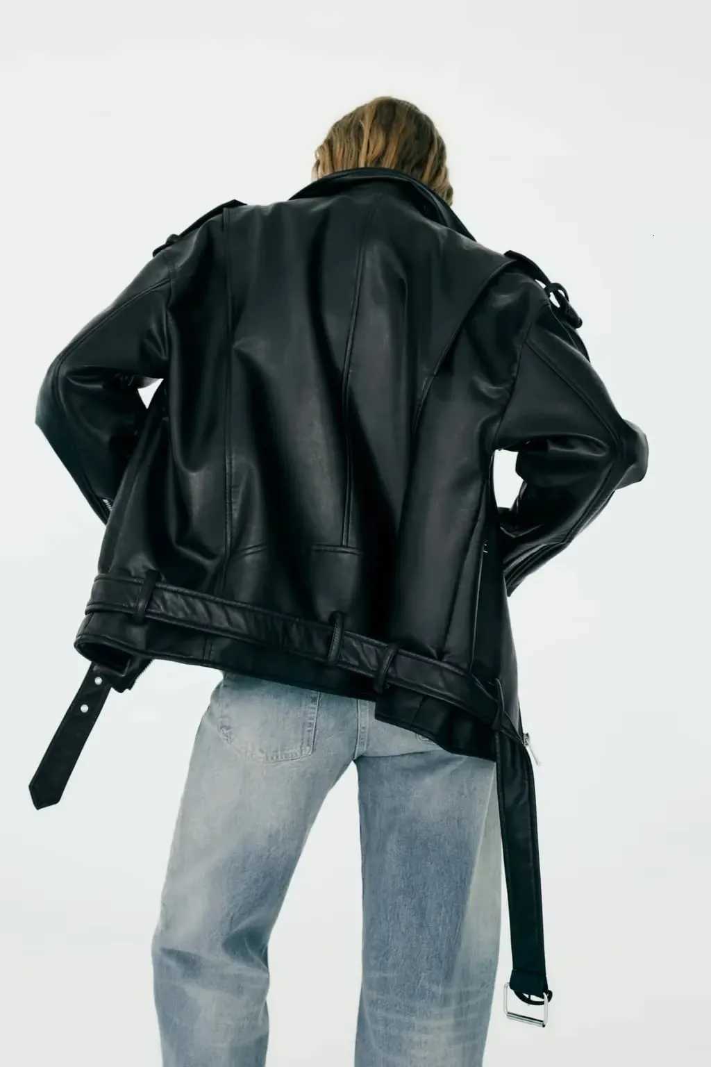 BBWM Pu Faux Leather Jacket with Belt Spring Autumn Female Zipper Coat Outwear Womens Loose Motorcycle Biker BlackT251017