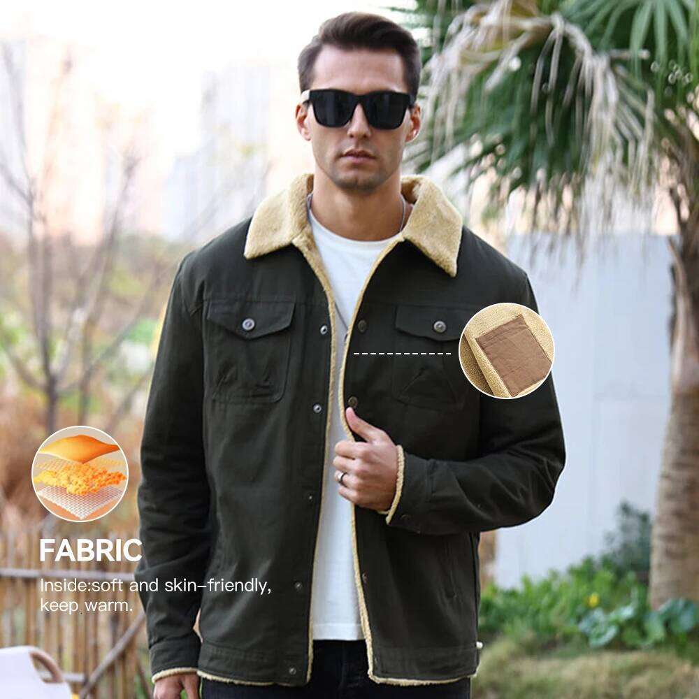 Men's Jackets Winter Faux Shearling Lined Windproof Warm Coat Black Buttoned Parka Pockets Comfortable Casual Tops US Size Down Cotton